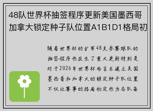 48队世界杯抽签程序更新美国墨西哥加拿大锁定种子队位置A1B1D1格局初定