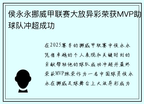 侯永永挪威甲联赛大放异彩荣获MVP助球队冲超成功