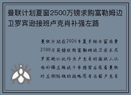 曼联计划夏窗2500万镑求购富勒姆边卫罗宾逊接班卢克肖补强左路